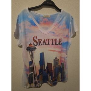 Sweet Gisele Womens Large Seattle Rainbow Watercolor Glitter Graphic Tee